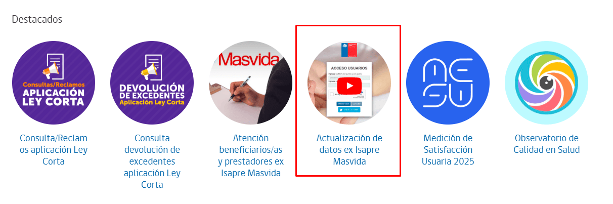 Captura de pantalla que muestra la ubicación del destacado para Actualización de datos ex Isapre Masvida